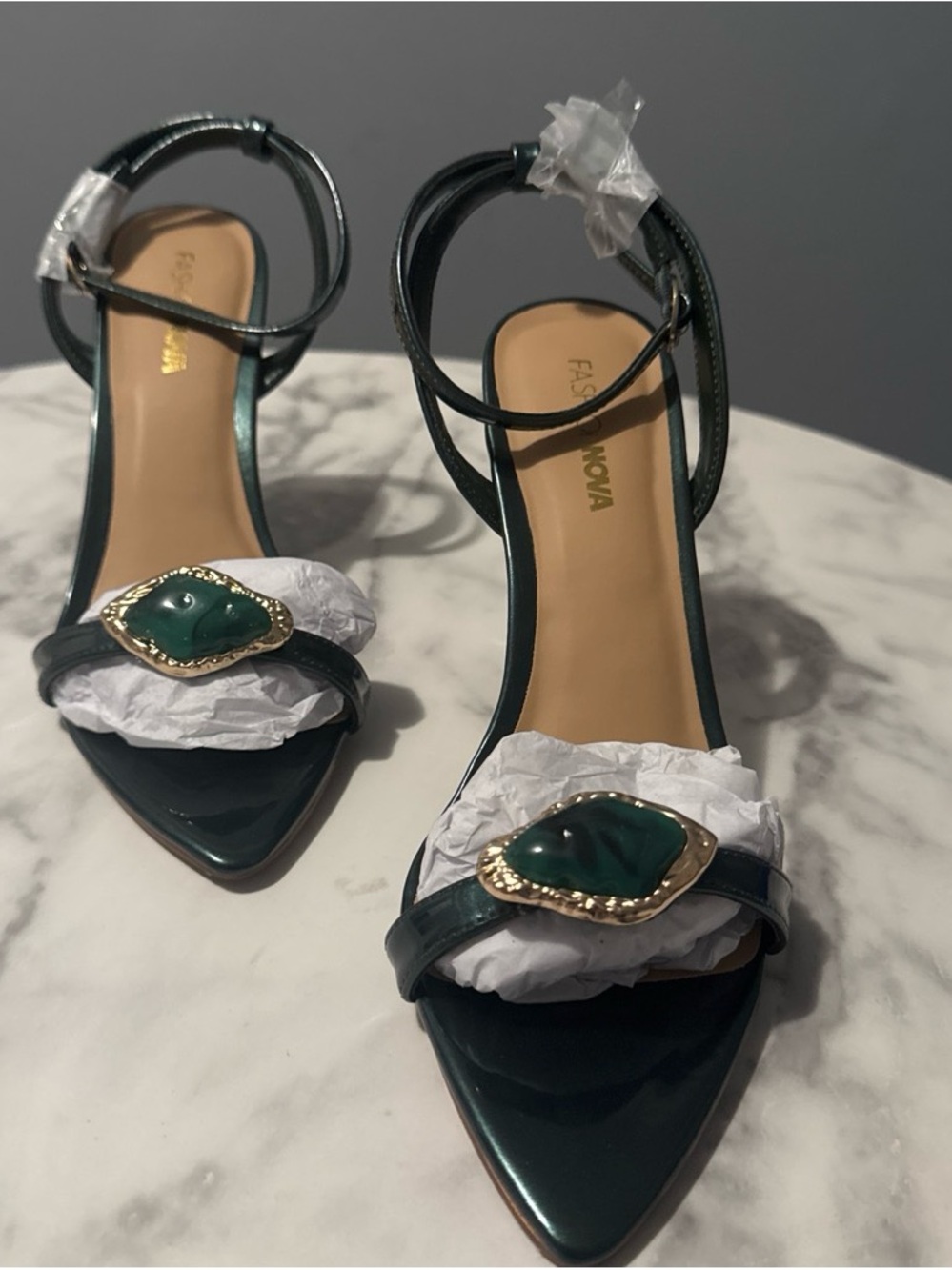 Fashion Nova Emerald Green Pointed Ankle-Strap Heels with Gold Accent
